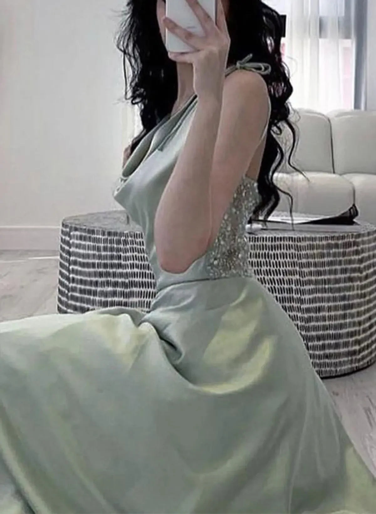 Glamorous A-Line Cowl Neck Sequin Satin Mint Green Floor-Length Prom Dress With Slit