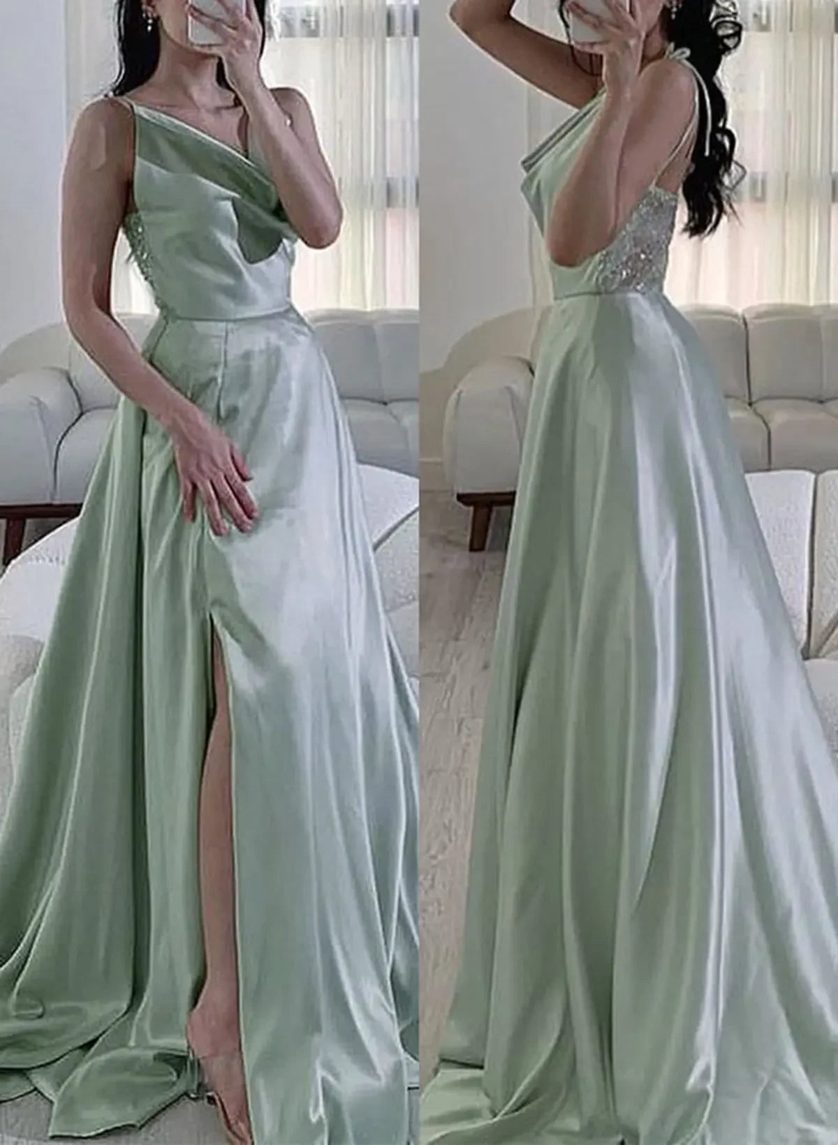 Glamorous A-Line Cowl Neck Sequin Satin Mint Green Floor-Length Prom Dress With Slit