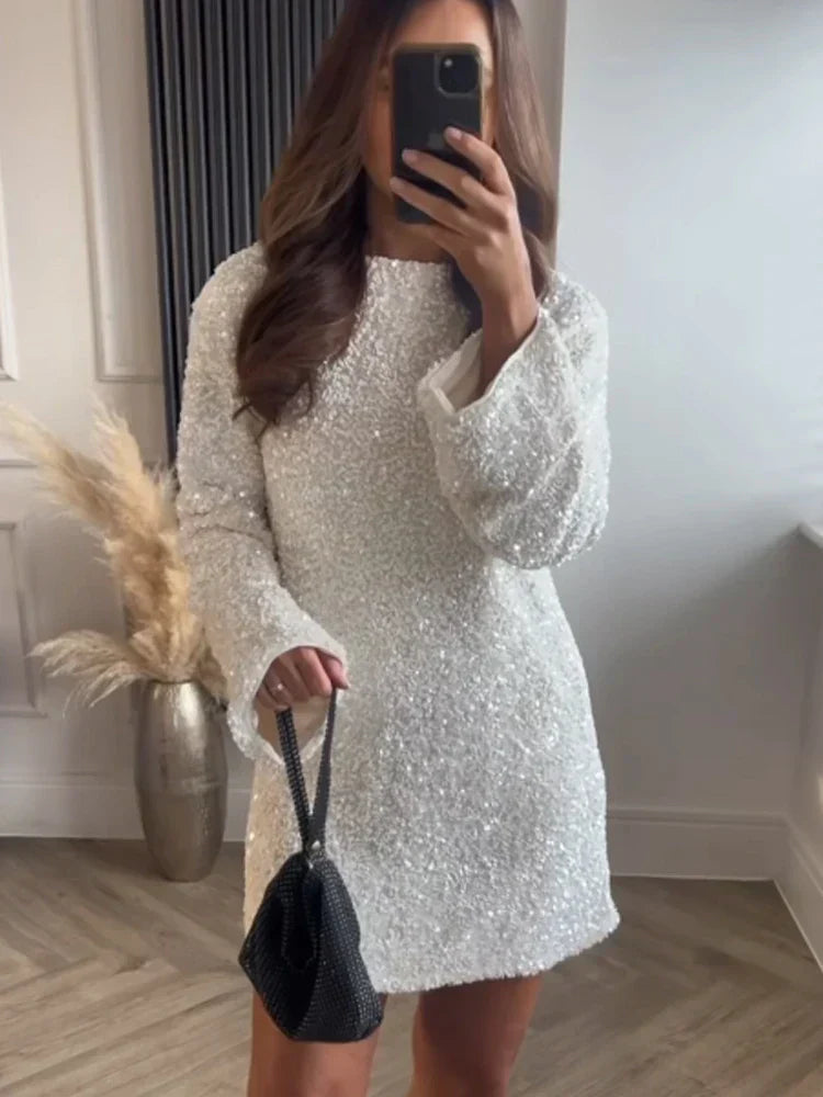 Glamorous A-Line Crew Neck Long Sleeve Bow Sequin White Mini Homecoming Dress