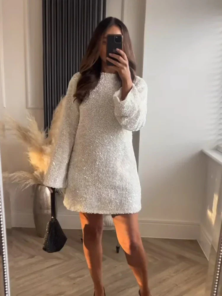 Glamorous A-Line Crew Neck Long Sleeve Bow Sequin White Mini Homecoming Dress