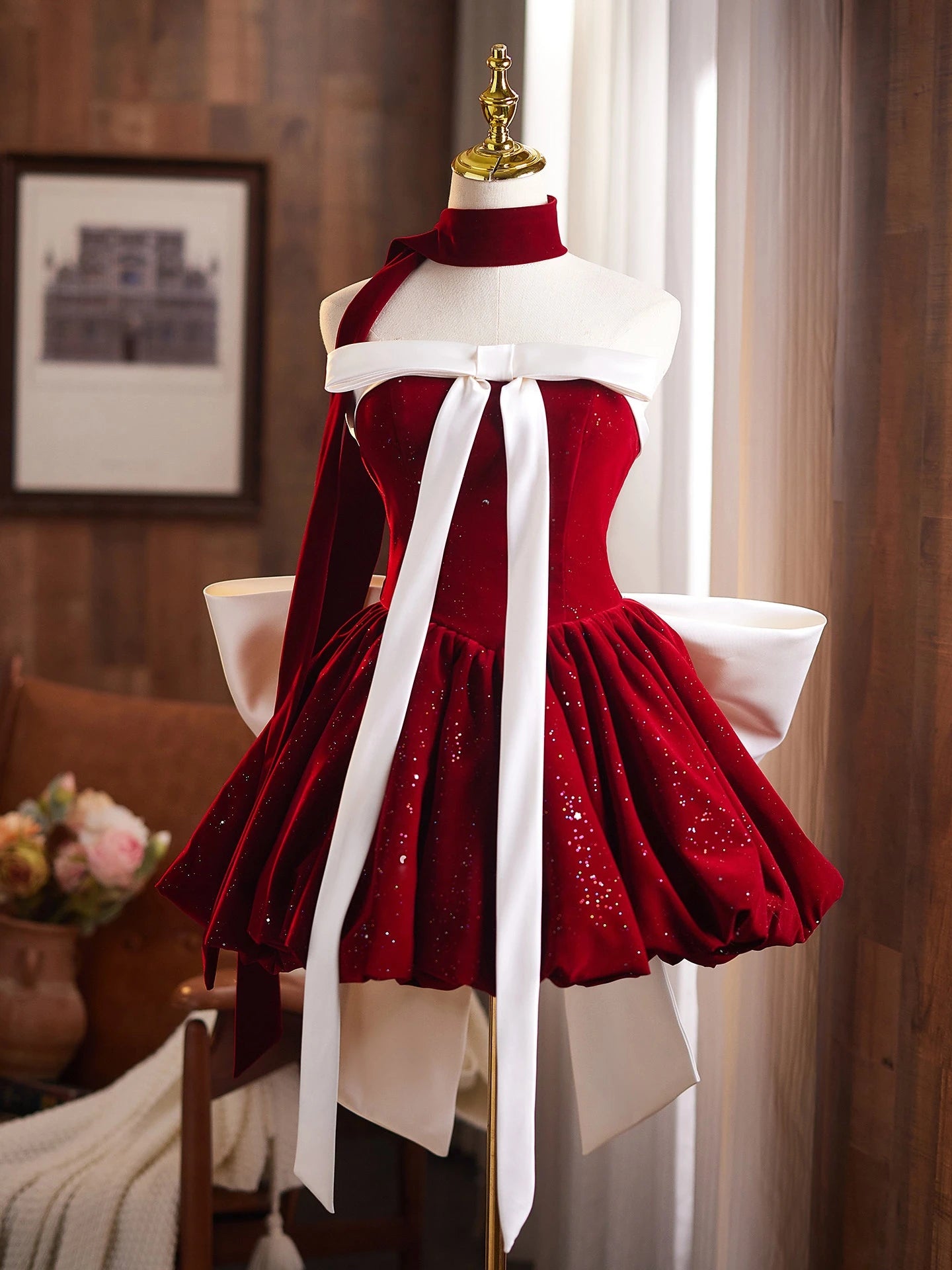 Glamorous A-Line Off-Shoulder Velvet Bow Wine Red Mini Homecoming Dress
