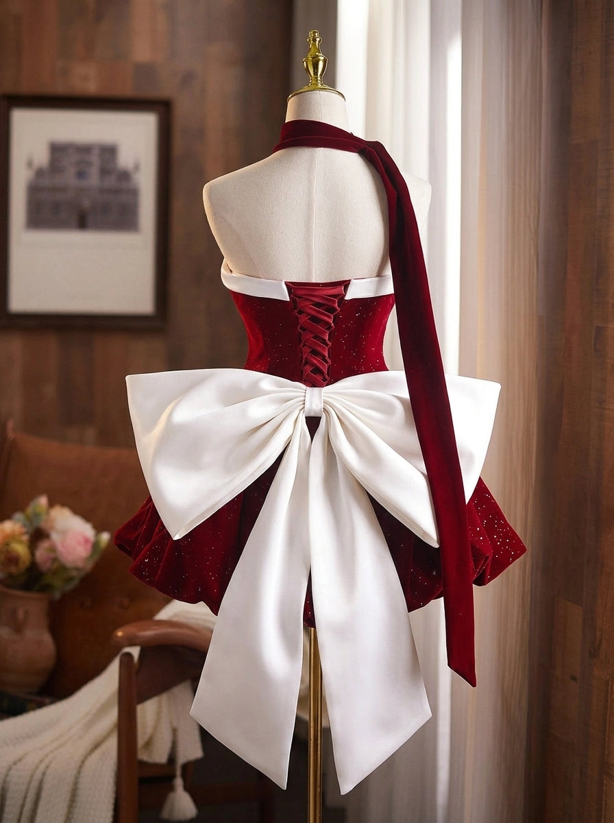 Glamorous A-Line Off-Shoulder Velvet Bow Wine Red Mini Homecoming Dress