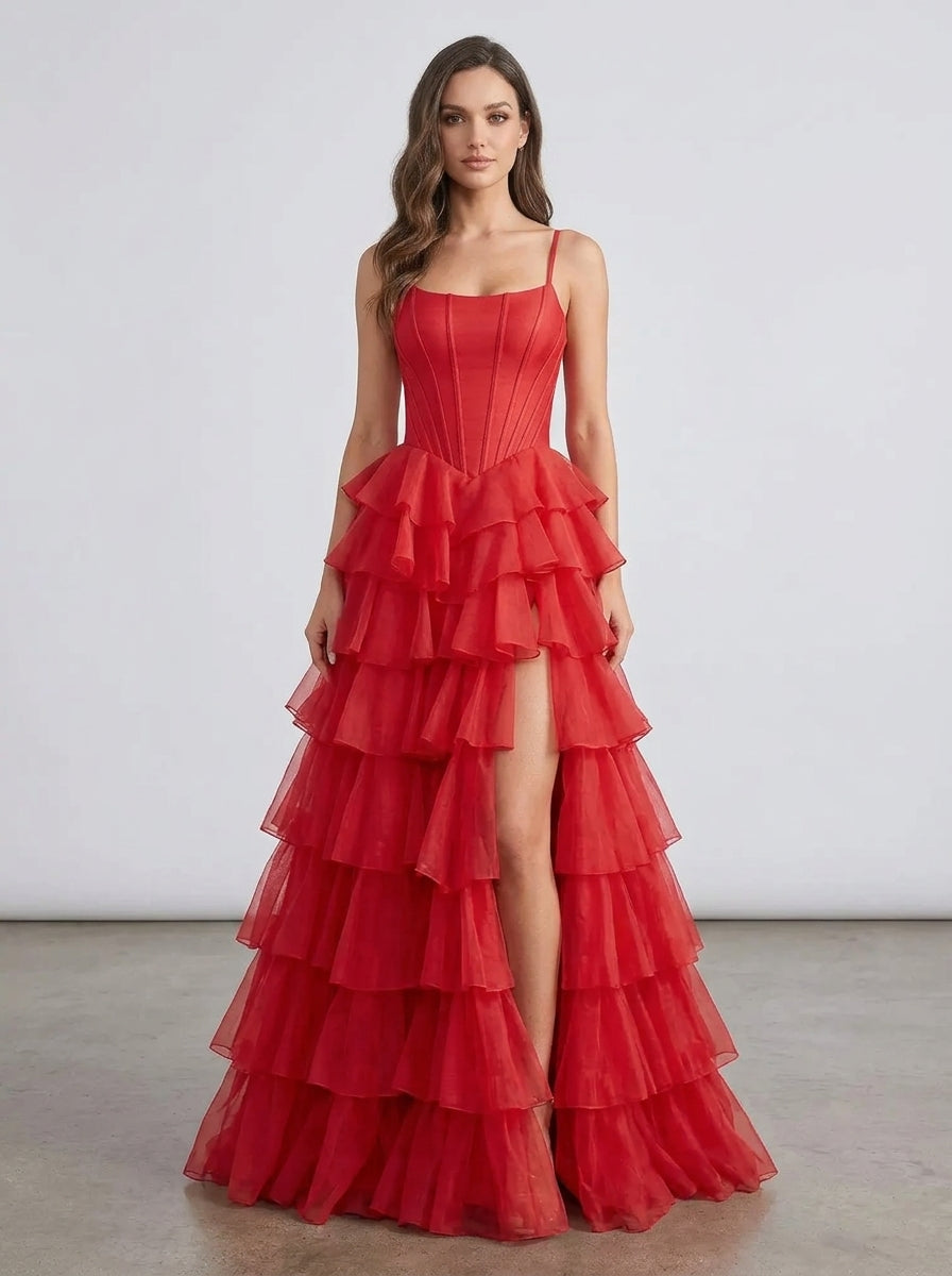 Glamorous A-Line Square Neck Corset Tiered Ruffle High Slit Red Floor-Length Prom Dress