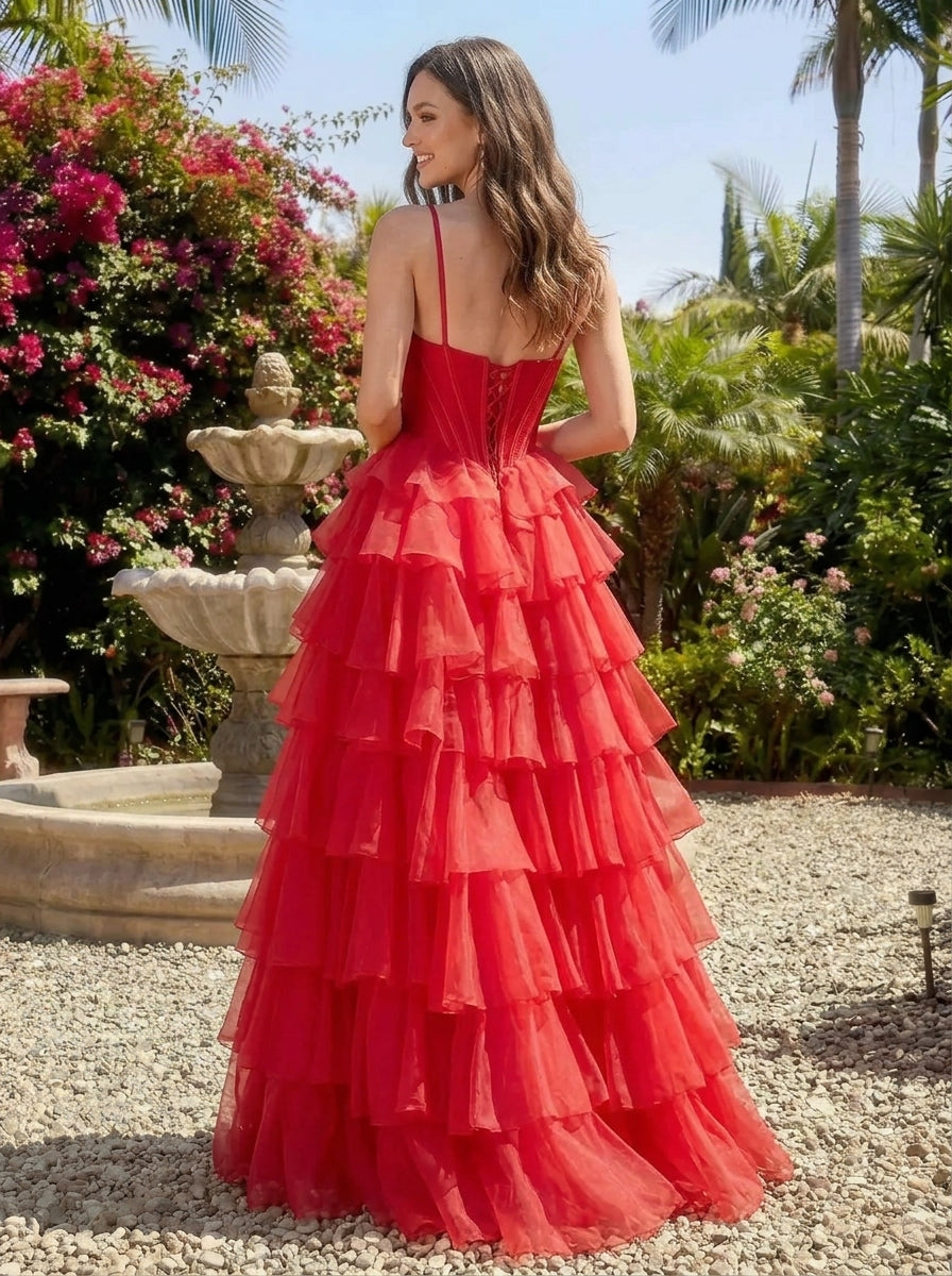 Glamorous A-Line Square Neck Corset Tiered Ruffle High Slit Red Floor-Length Prom Dress