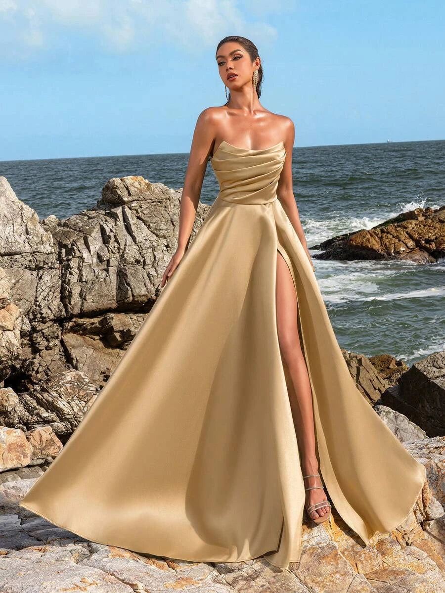 Glamorous A-Line Strapless High Slit Ruched Gold Floor-Length Prom Dress