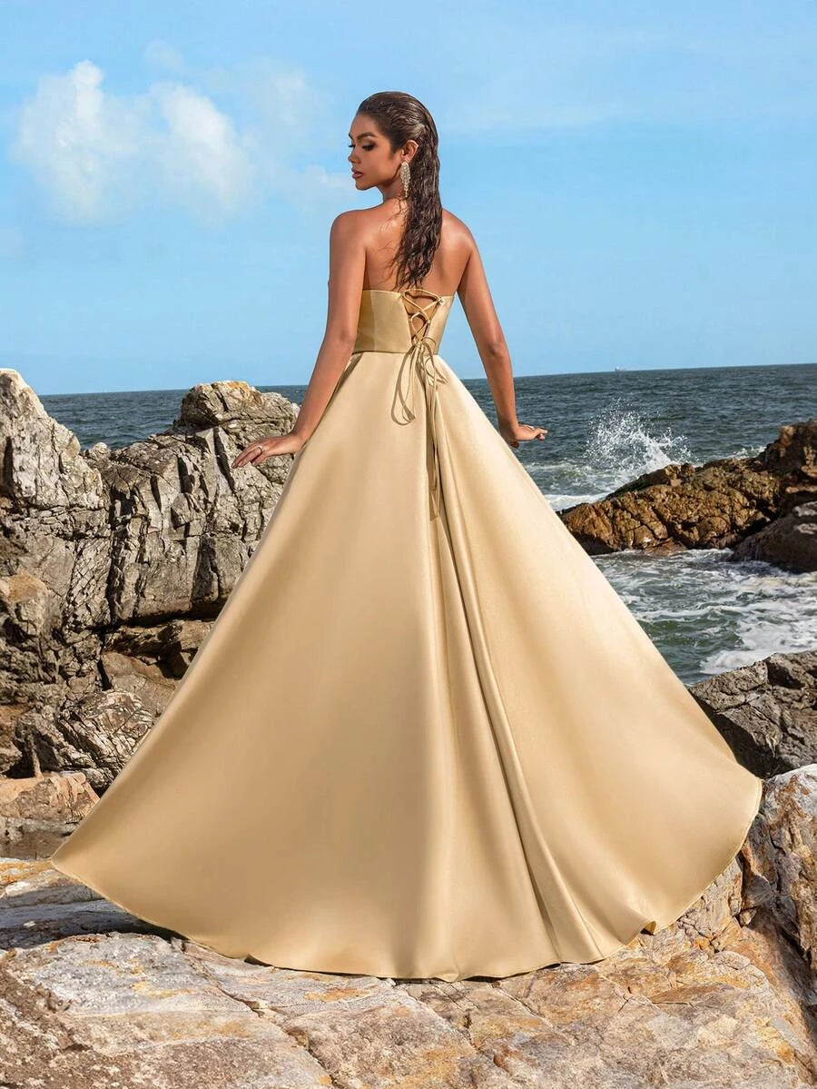 Glamorous A-Line Strapless High Slit Ruched Gold Floor-Length Prom Dress