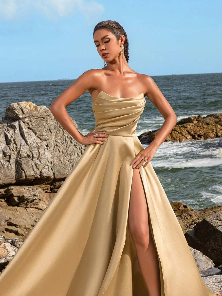 Glamorous A-Line Strapless High Slit Ruched Gold Floor-Length Prom Dress