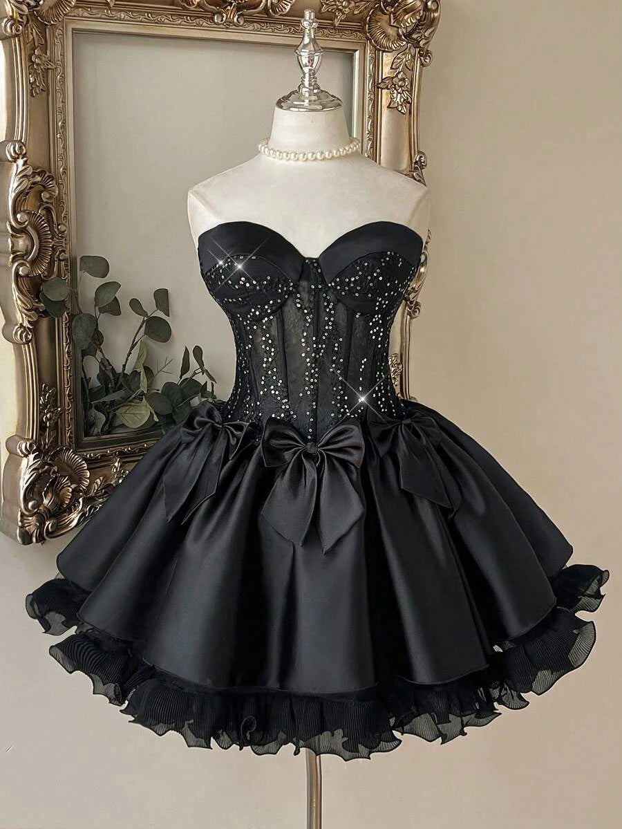 Glamorous A-Line Sweetheart Corset Sequin Bow Satin Black Short Homecoming Dress