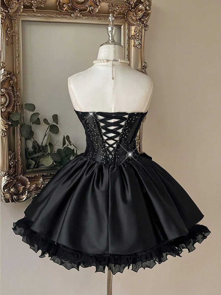 Glamorous A-Line Sweetheart Corset Sequin Bow Satin Black Short Homecoming Dress