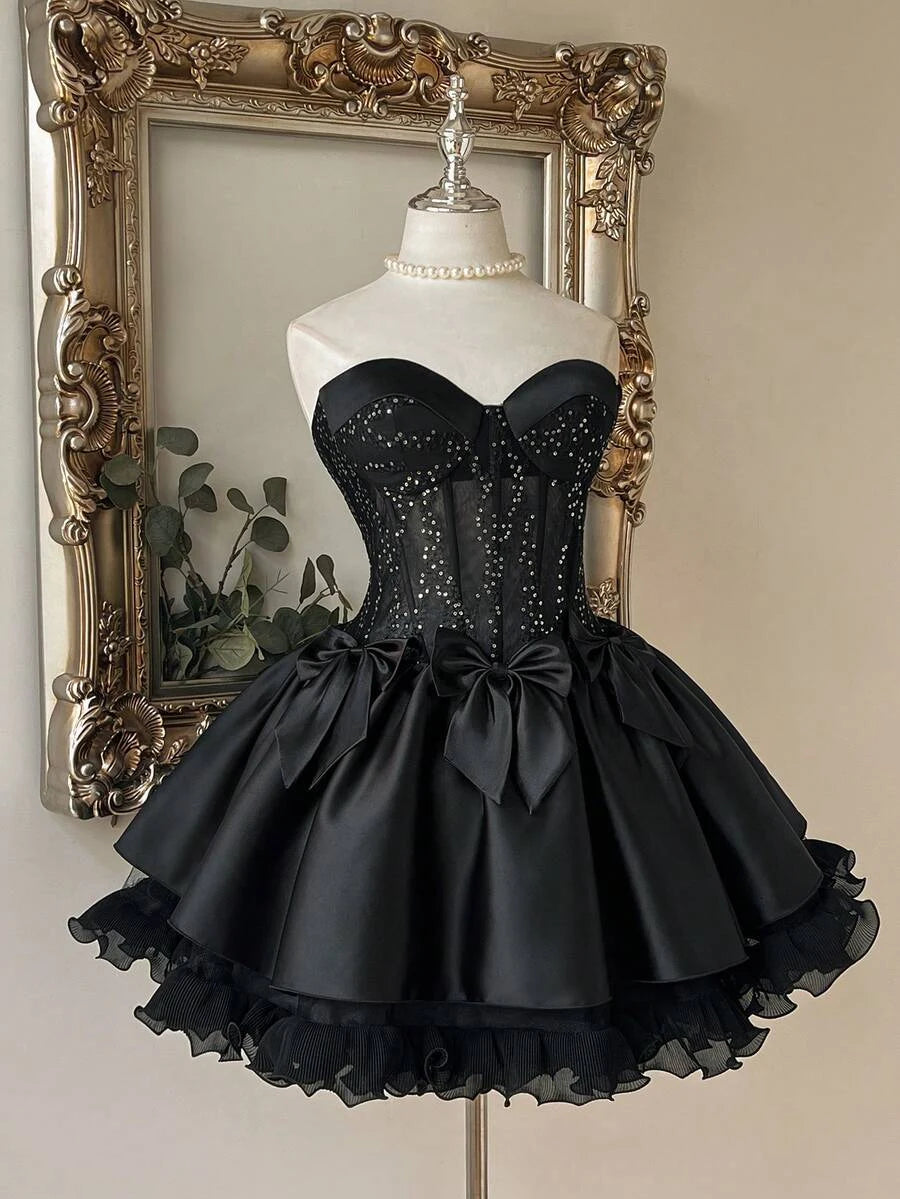 Glamorous A-Line Sweetheart Corset Sequin Bow Satin Black Short Homecoming Dress