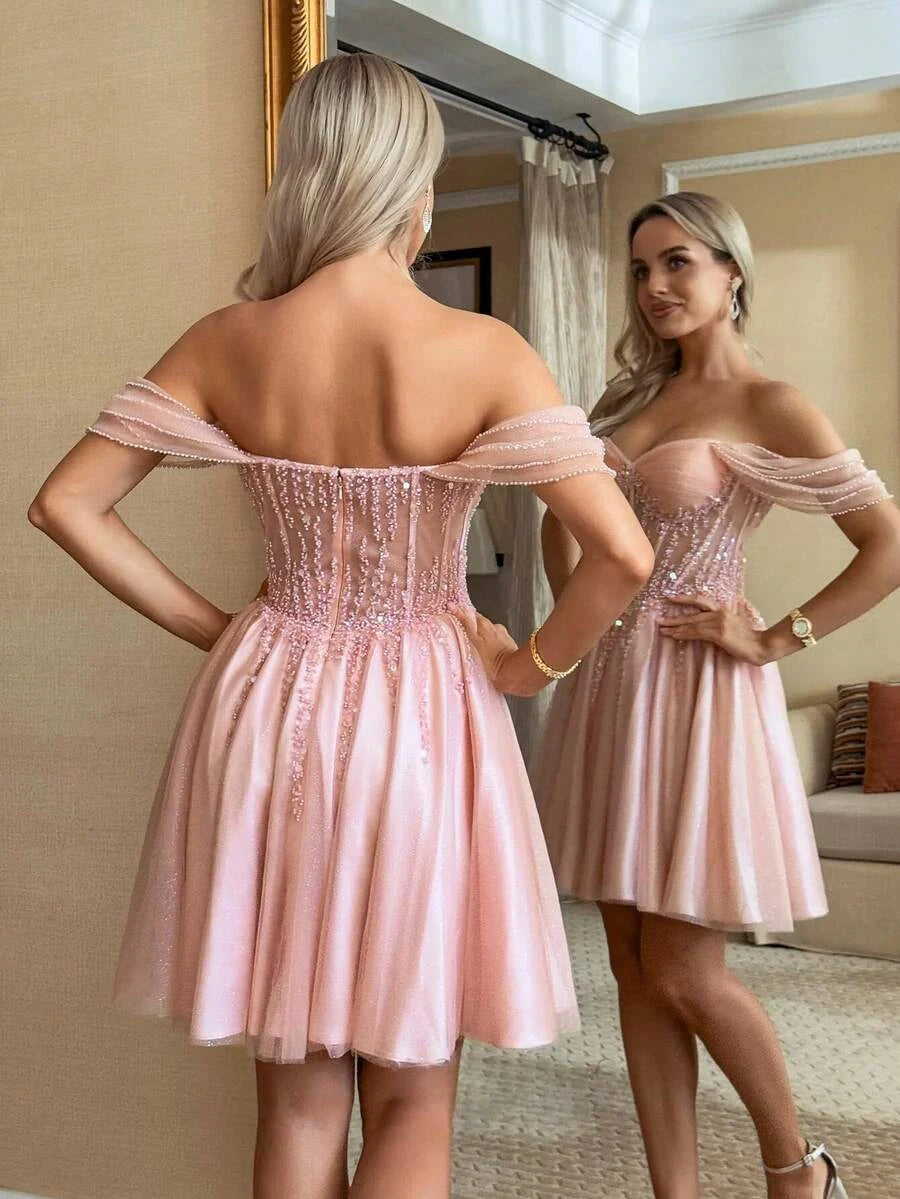 Glamorous A-Line Sweetheart Off-Shoulder Beaded Glittery Blush Pink Short Homecoming Dress