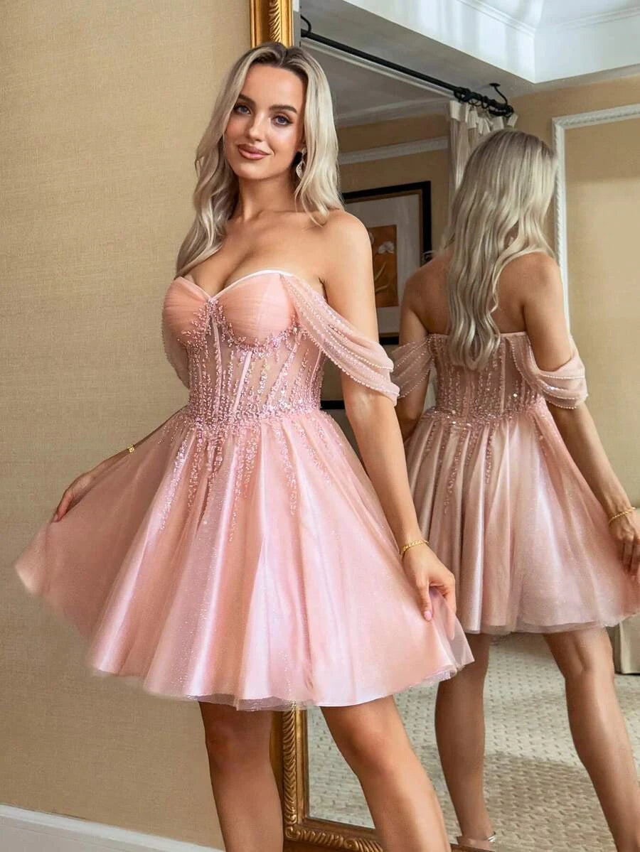 Glamorous A-Line Sweetheart Off-Shoulder Beaded Glittery Blush Pink Short Homecoming Dress