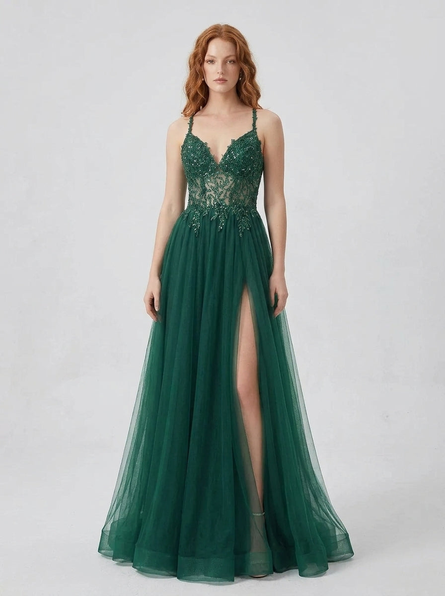 Glamorous A-Line V-Neck Corset Appliques Slit Tulle Forest Green Floor-Length Prom Dress
