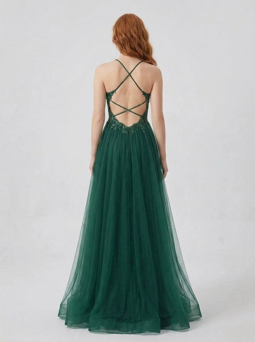 Glamorous A-Line V-Neck Corset Appliques Slit Tulle Forest Green Floor-Length Prom Dress