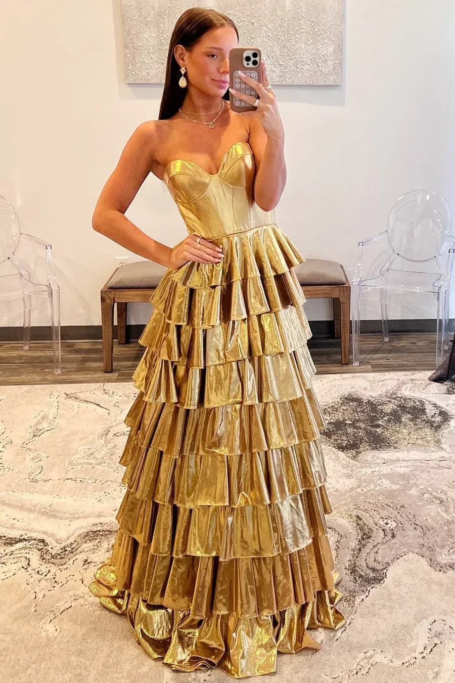 Glamorous Gold Strapless Metallic Tiered Ruffled Gown With Corset Bodice