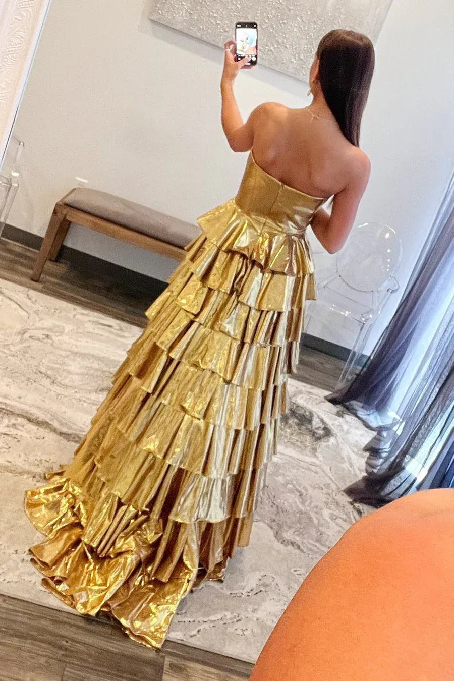 Glamorous Gold Strapless Metallic Tiered Ruffled Gown With Corset Bodice