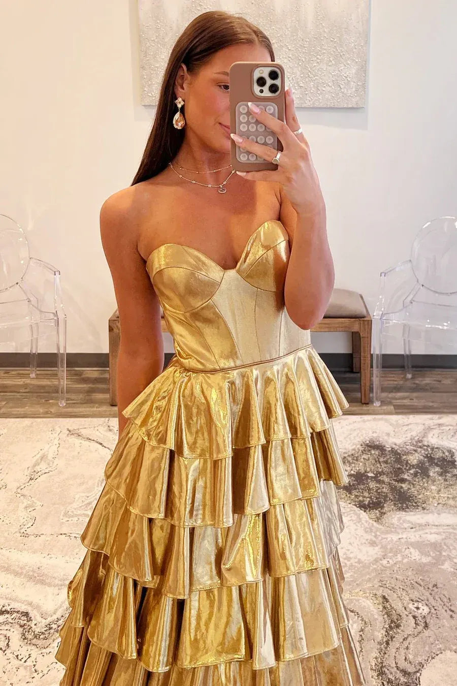 Glamorous Gold Strapless Metallic Tiered Ruffled Gown With Corset Bodice