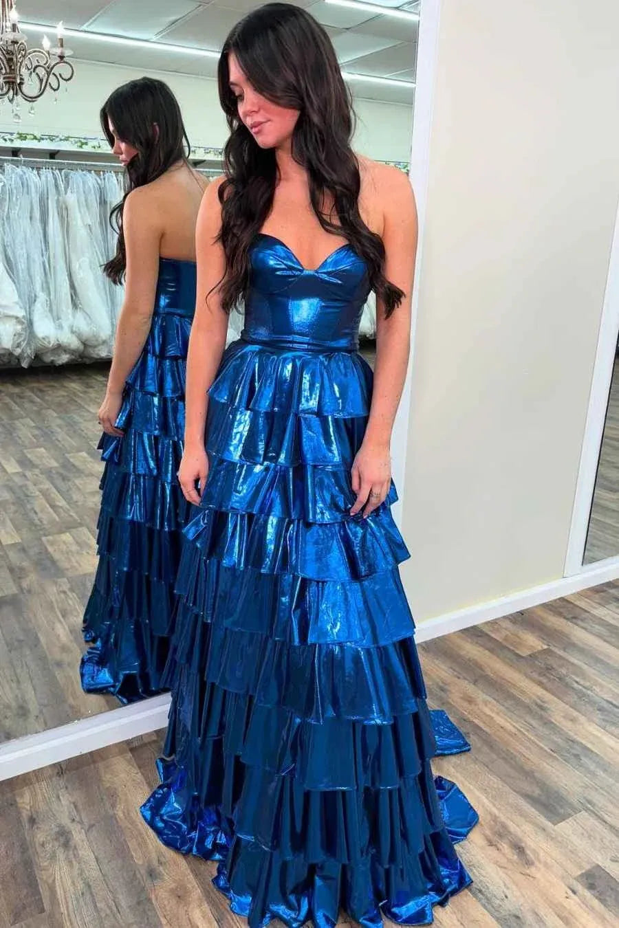 Glamorous Gold Strapless Metallic Tiered Ruffled Gown With Corset Bodice