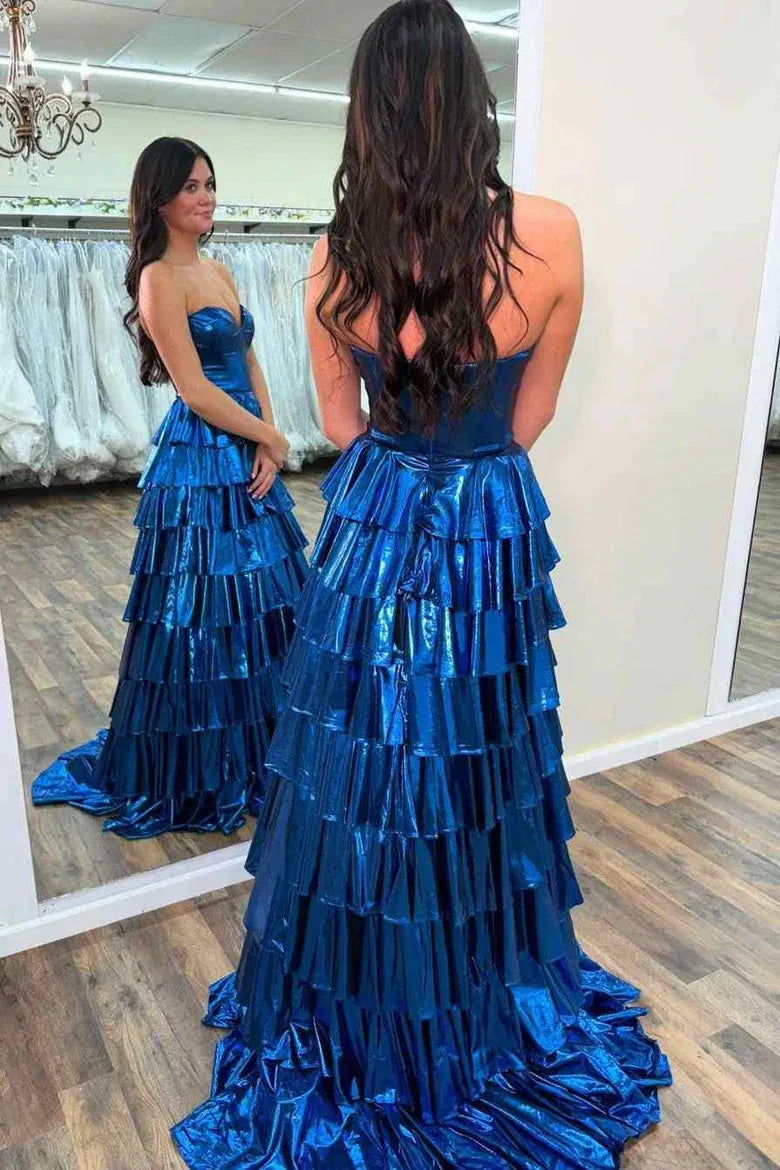 Glamorous Gold Strapless Metallic Tiered Ruffled Gown With Corset Bodice
