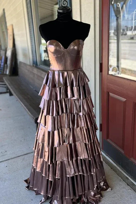 Glamorous Gold Strapless Metallic Tiered Ruffled Gown With Corset Bodice