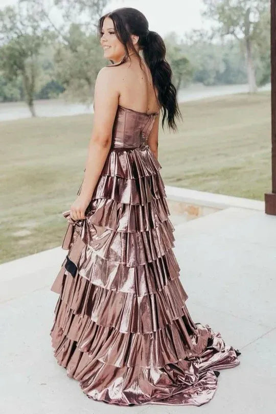 Glamorous Gold Strapless Metallic Tiered Ruffled Gown With Corset Bodice