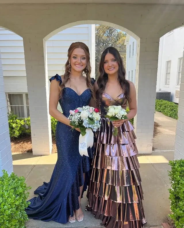 Glamorous Gold Strapless Metallic Tiered Ruffled Gown With Corset Bodice