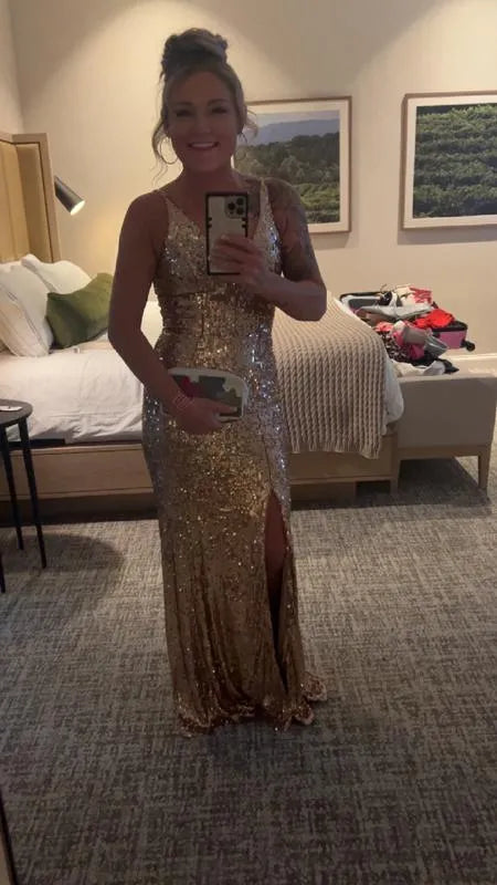 Glamorous Mermaid Deep V-neck Sleeveless Sequin Floor-Length Prom Dress