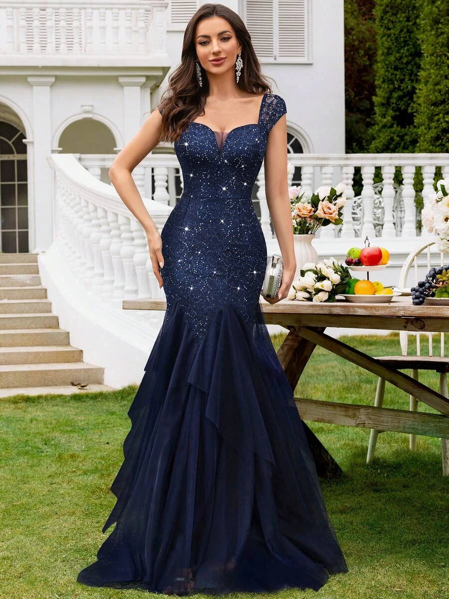 Glamorous Mermaid Sweetheart Cap Sleeve Ruffled Lace Navy Blue Floor-Length Prom Dress
