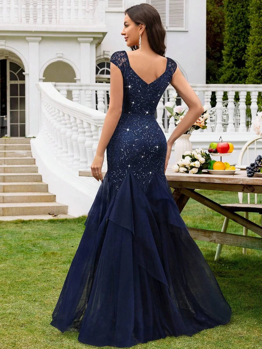Glamorous Mermaid Sweetheart Cap Sleeve Ruffled Lace Navy Blue Floor-Length Prom Dress
