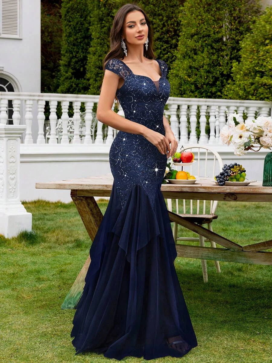 Glamorous Mermaid Sweetheart Cap Sleeve Ruffled Lace Navy Blue Floor-Length Prom Dress
