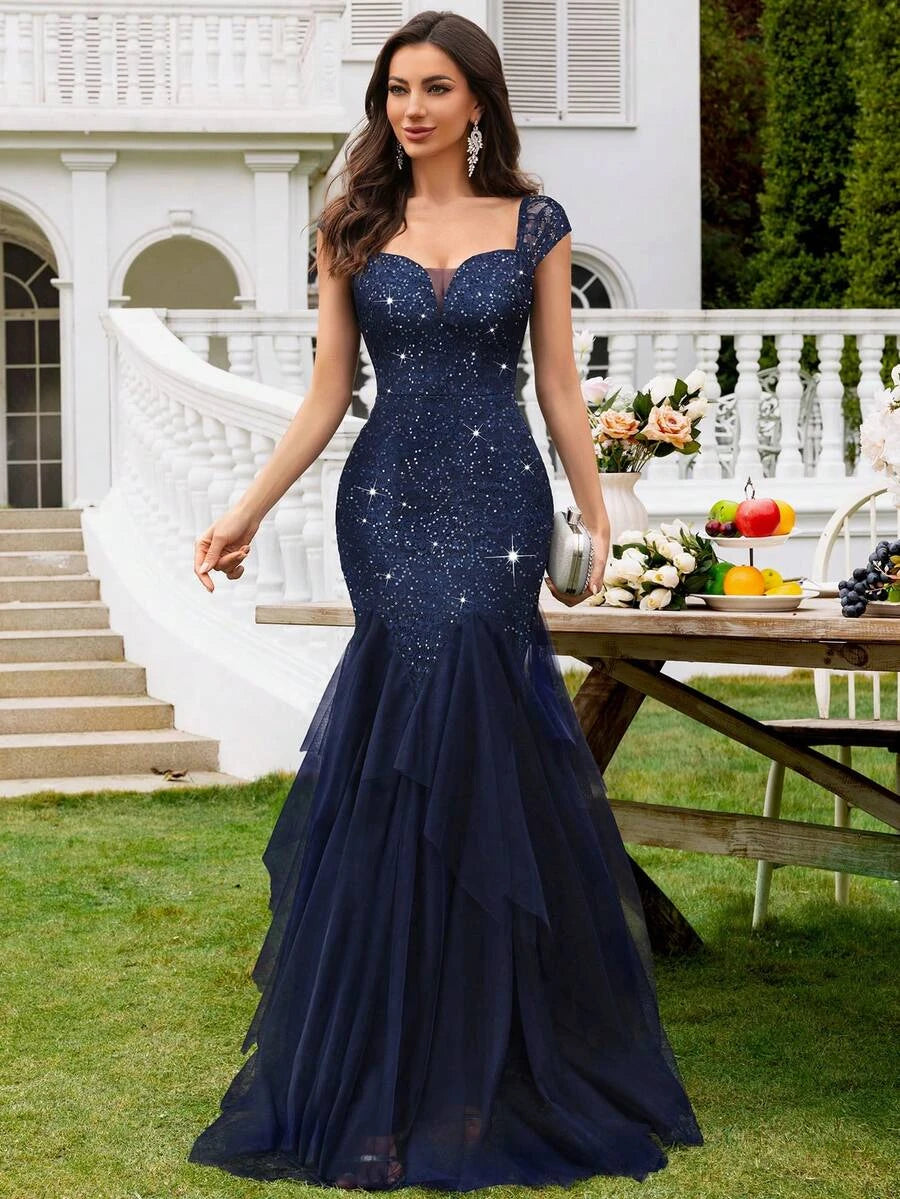 Glamorous Mermaid Sweetheart Cap Sleeve Ruffled Lace Navy Blue Floor-Length Prom Dress