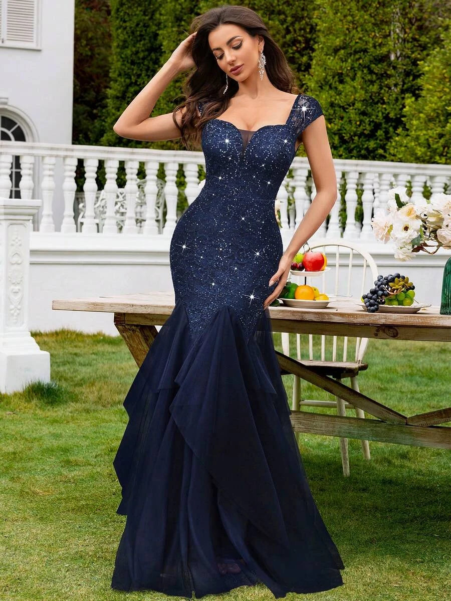Glamorous Mermaid Sweetheart Cap Sleeve Ruffled Lace Navy Blue Floor-Length Prom Dress