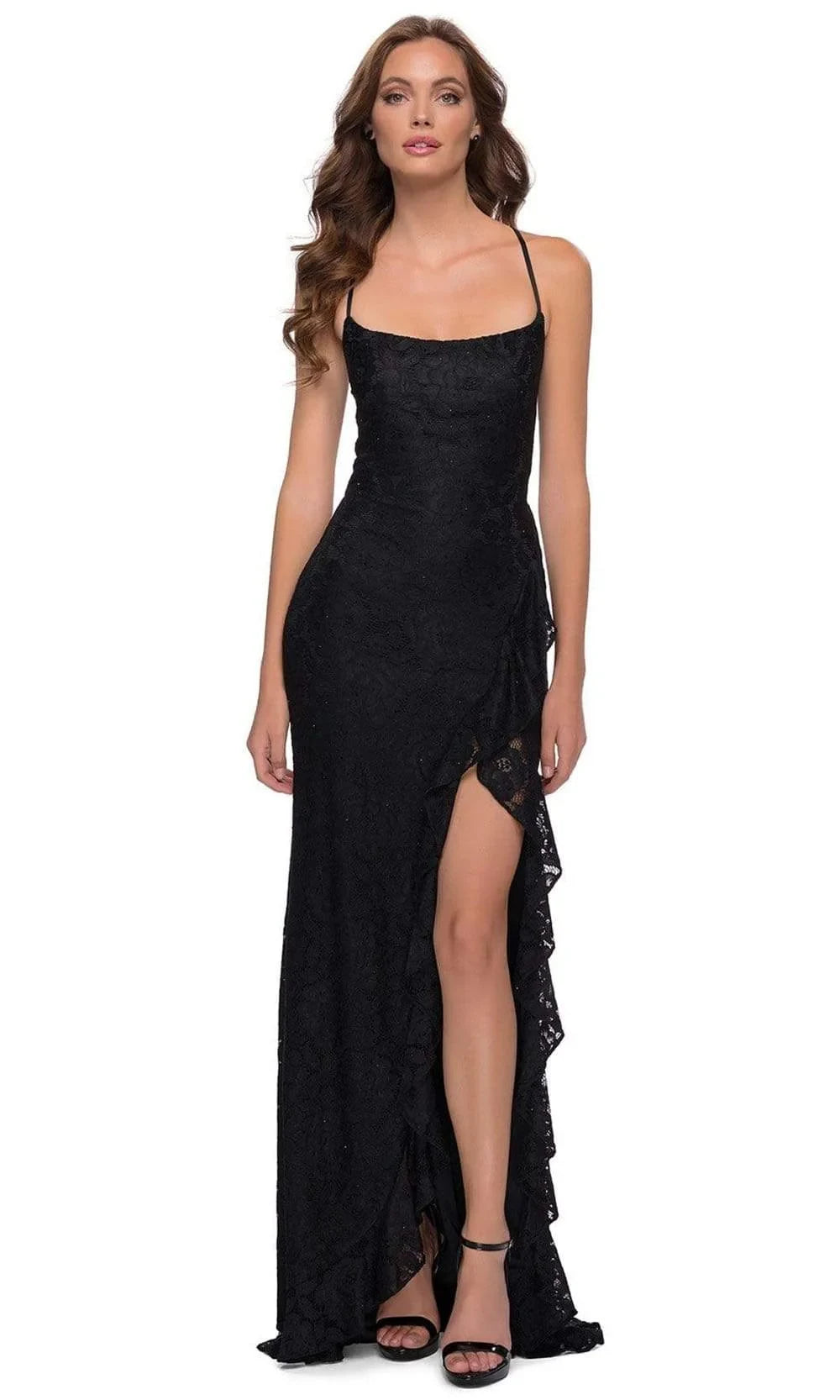 Glamorous Sheath Spaghetti Straps Ruffled Floral Lace Black Floor-Length Prom Dress