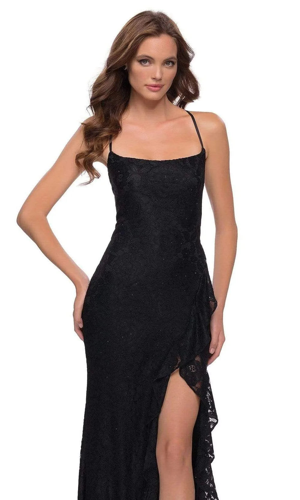 Glamorous Sheath Spaghetti Straps Ruffled Floral Lace Black Floor-Length Prom Dress