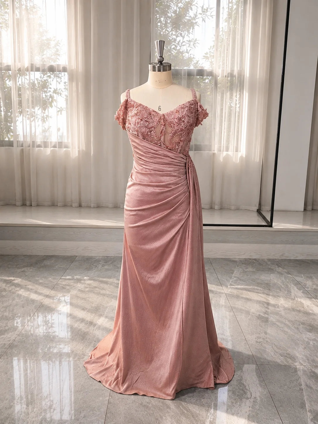 Glamorous Sheath Sweetheart Off-Shoulder Beaded Lace Draped Dusty Rose Floor-Length Wedding Dress