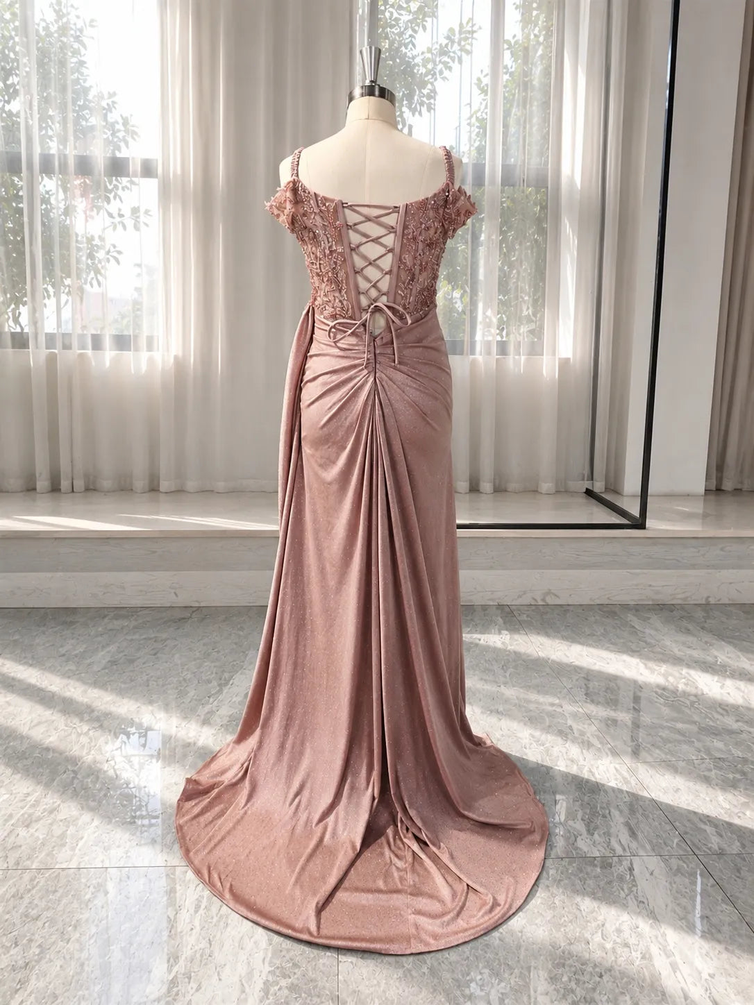 Glamorous Sheath Sweetheart Off-Shoulder Beaded Lace Draped Dusty Rose Floor-Length Wedding Dress