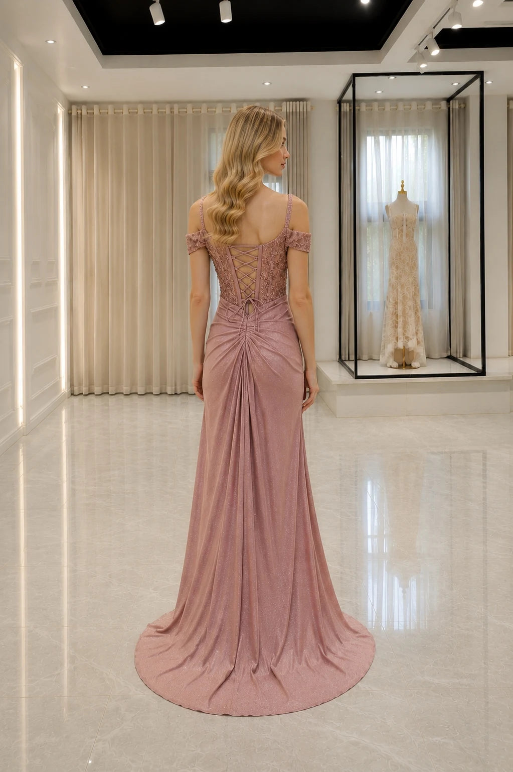 Glamorous Sheath Sweetheart Off-Shoulder Beaded Lace Draped Dusty Rose Floor-Length Wedding Dress