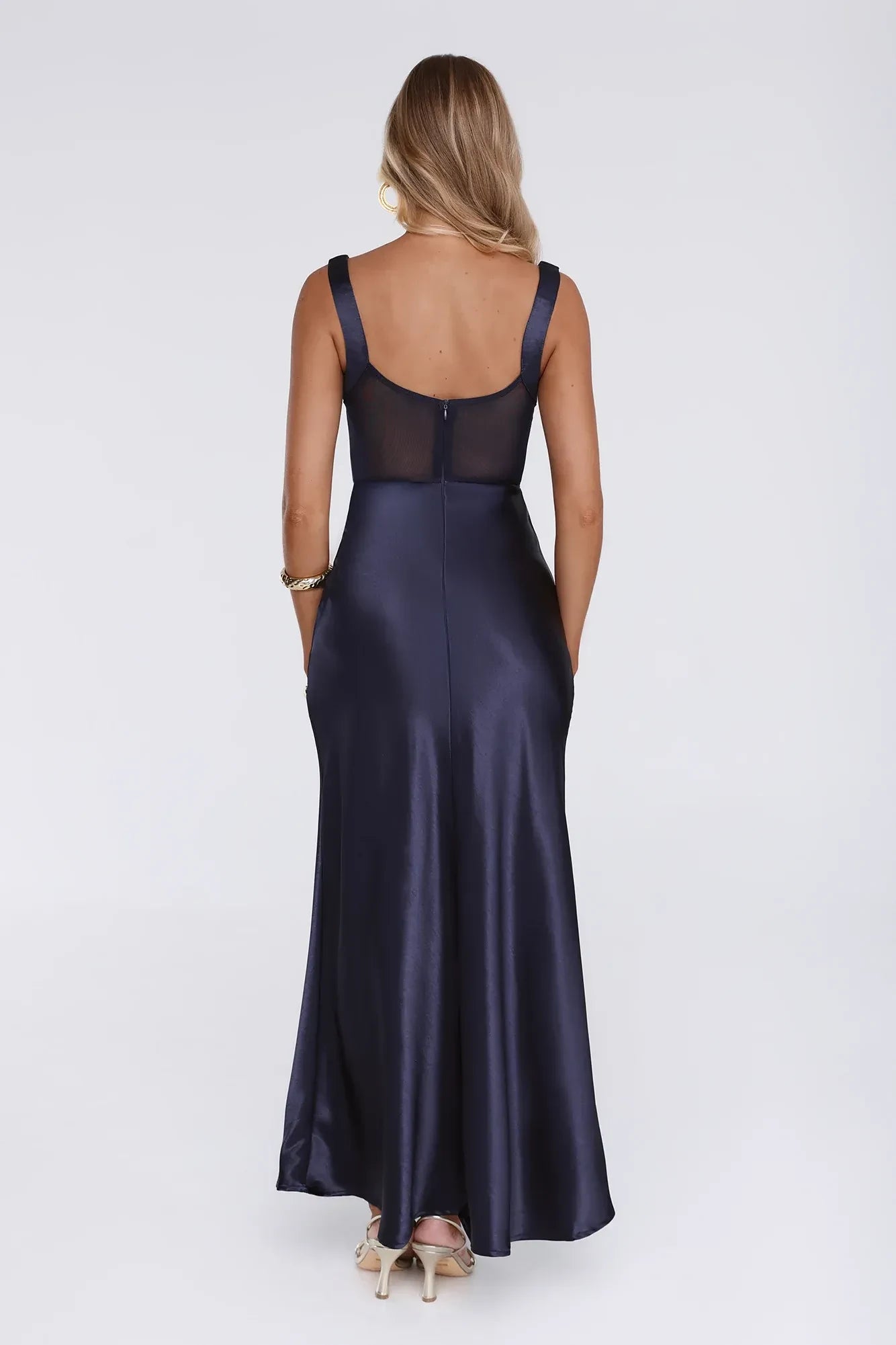 Glamorous Sheath Sweetheart Sleeveless Sheer Satin Navy Blue Floor-Length Prom Dress
