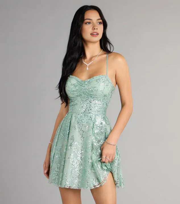 Glitter A-Line/Princess Sweetheart Sleeveless Lace-Up Short-Mini Homecoming Dresses