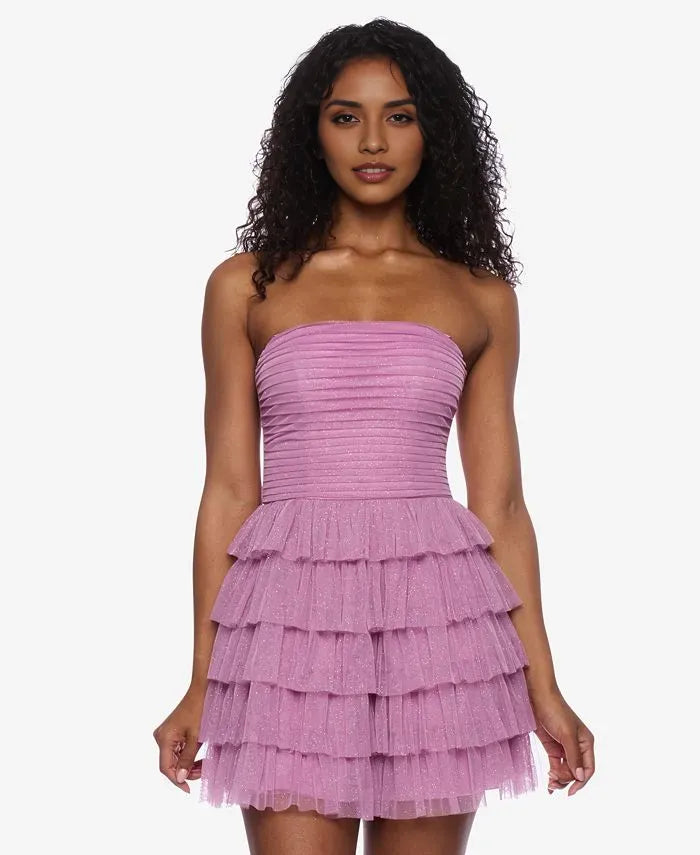 Glitter A-Line Strapless Sleeveless Tiered Tulle Short-Mini Homecoming Dress
