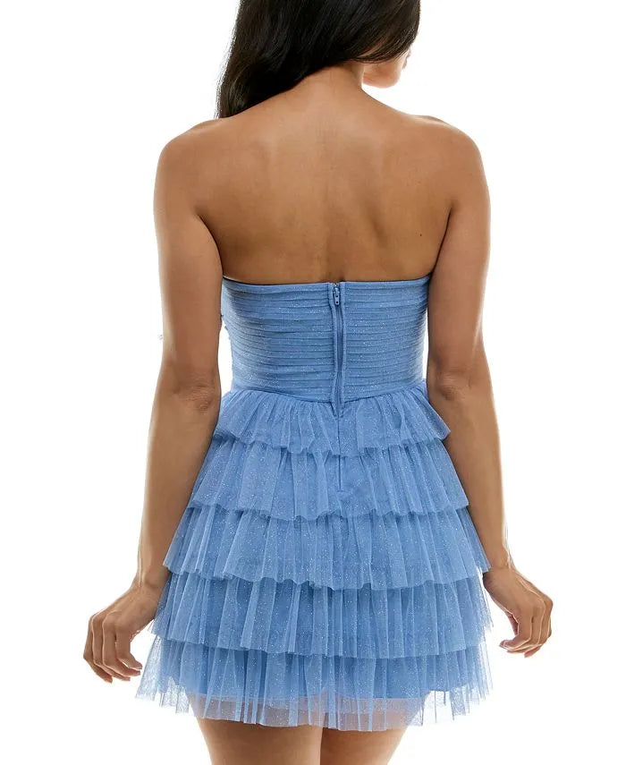 Glitter A-Line Strapless Sleeveless Tiered Tulle Short-Mini Homecoming Dress