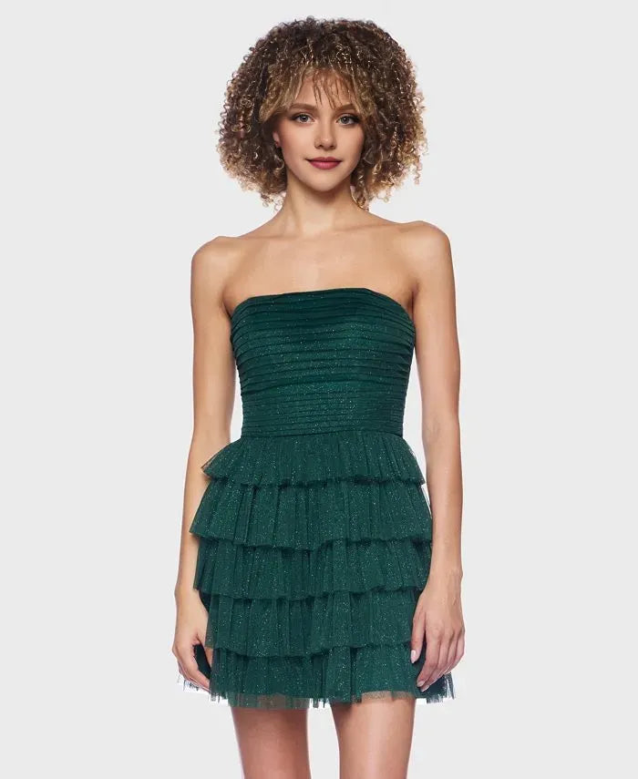 Glitter A-Line Strapless Sleeveless Tiered Tulle Short-Mini Homecoming Dress