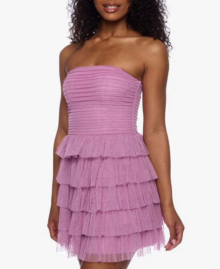 Glitter A-Line Strapless Sleeveless Tiered Tulle Short-Mini Homecoming Dress