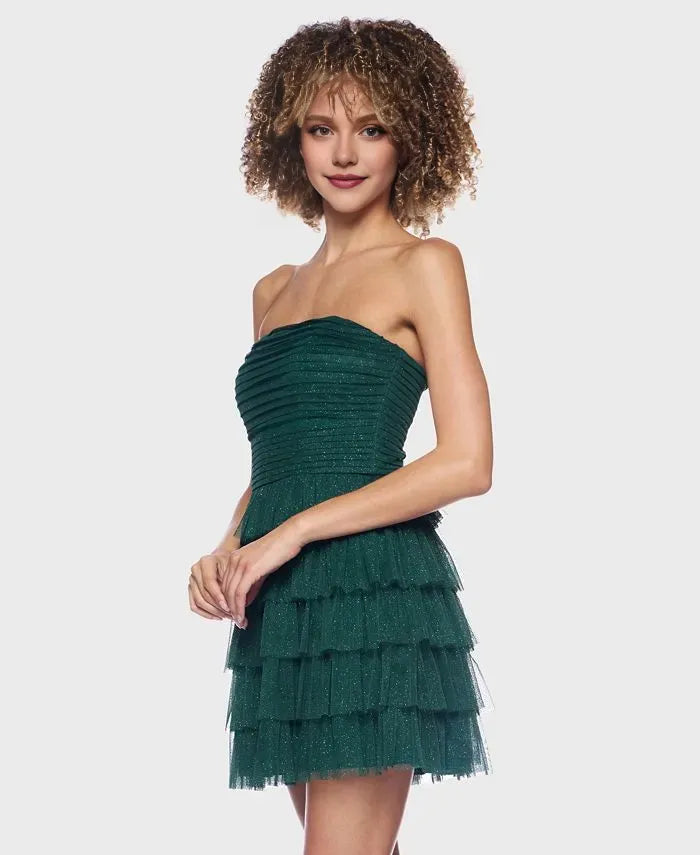 Glitter A-Line Strapless Sleeveless Tiered Tulle Short-Mini Homecoming Dress