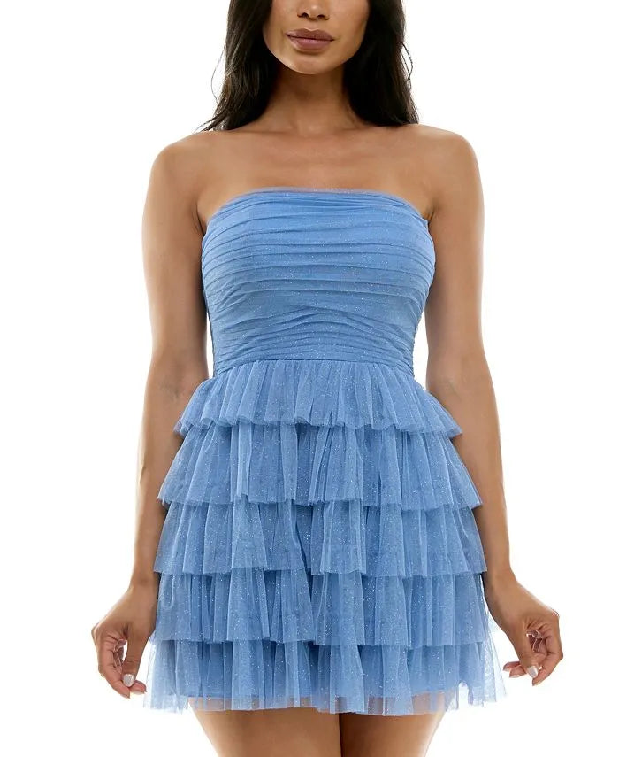 Glitter A-Line Strapless Sleeveless Tiered Tulle Short-Mini Homecoming Dress