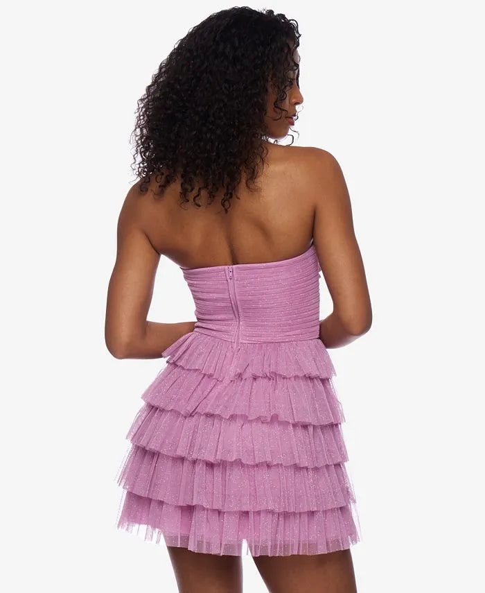 Glitter A-Line Strapless Sleeveless Tiered Tulle Short-Mini Homecoming Dress