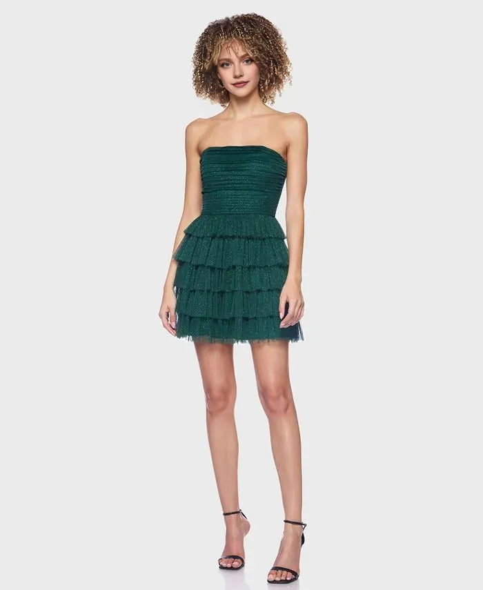 Glitter A-Line Strapless Sleeveless Tiered Tulle Short-Mini Homecoming Dress