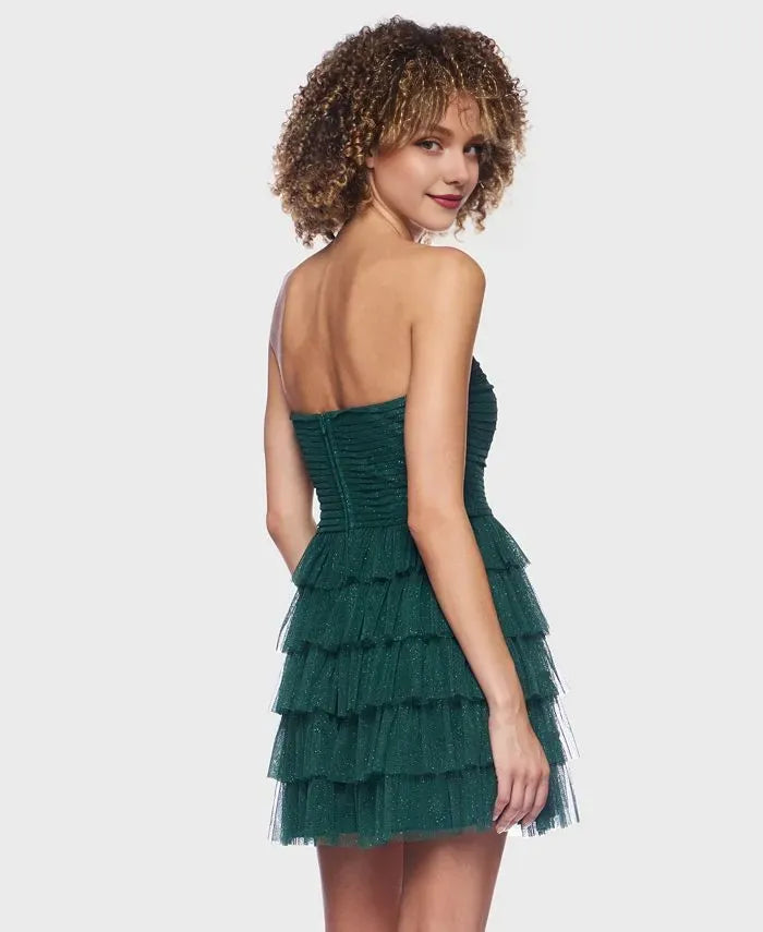 Glitter A-Line Strapless Sleeveless Tiered Tulle Short-Mini Homecoming Dress
