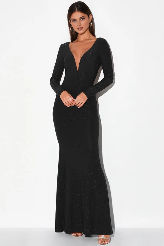 Weitese Formal Women's Dresses Glamorous in Glitter Black Long Sleeve Backless Maxi Dress Prom Dress Shops