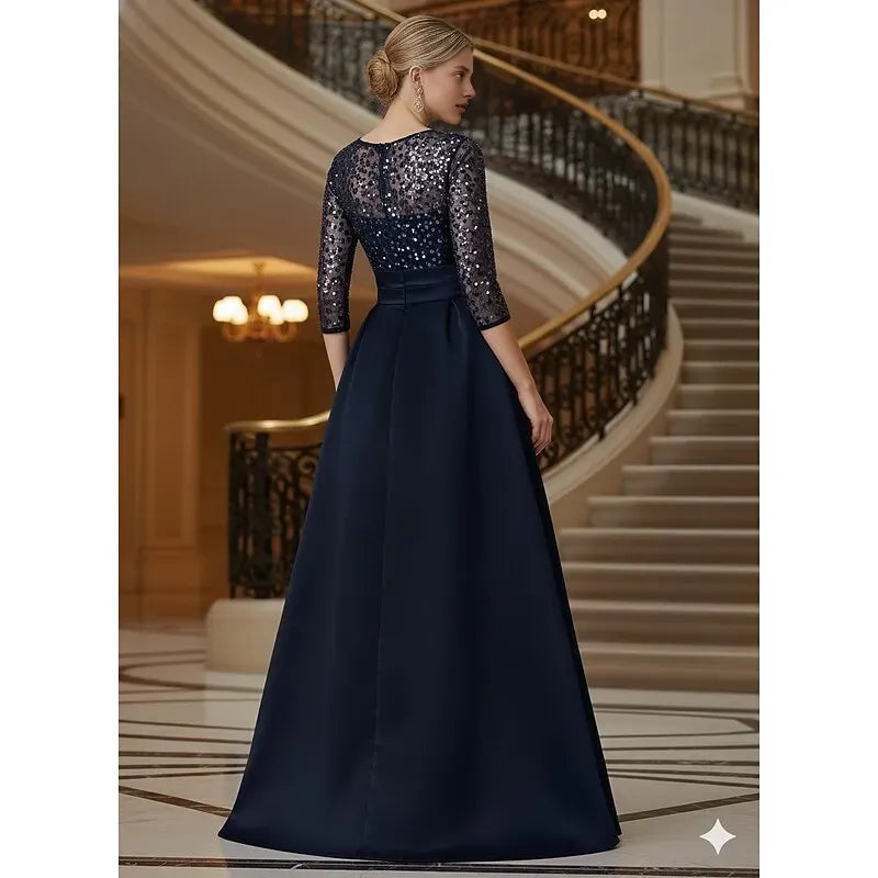 Glittering A-Line 3/4 Length Sleeve Illusion Neck Satin Ruffles Floor-Length Mother Of The Bride Dress